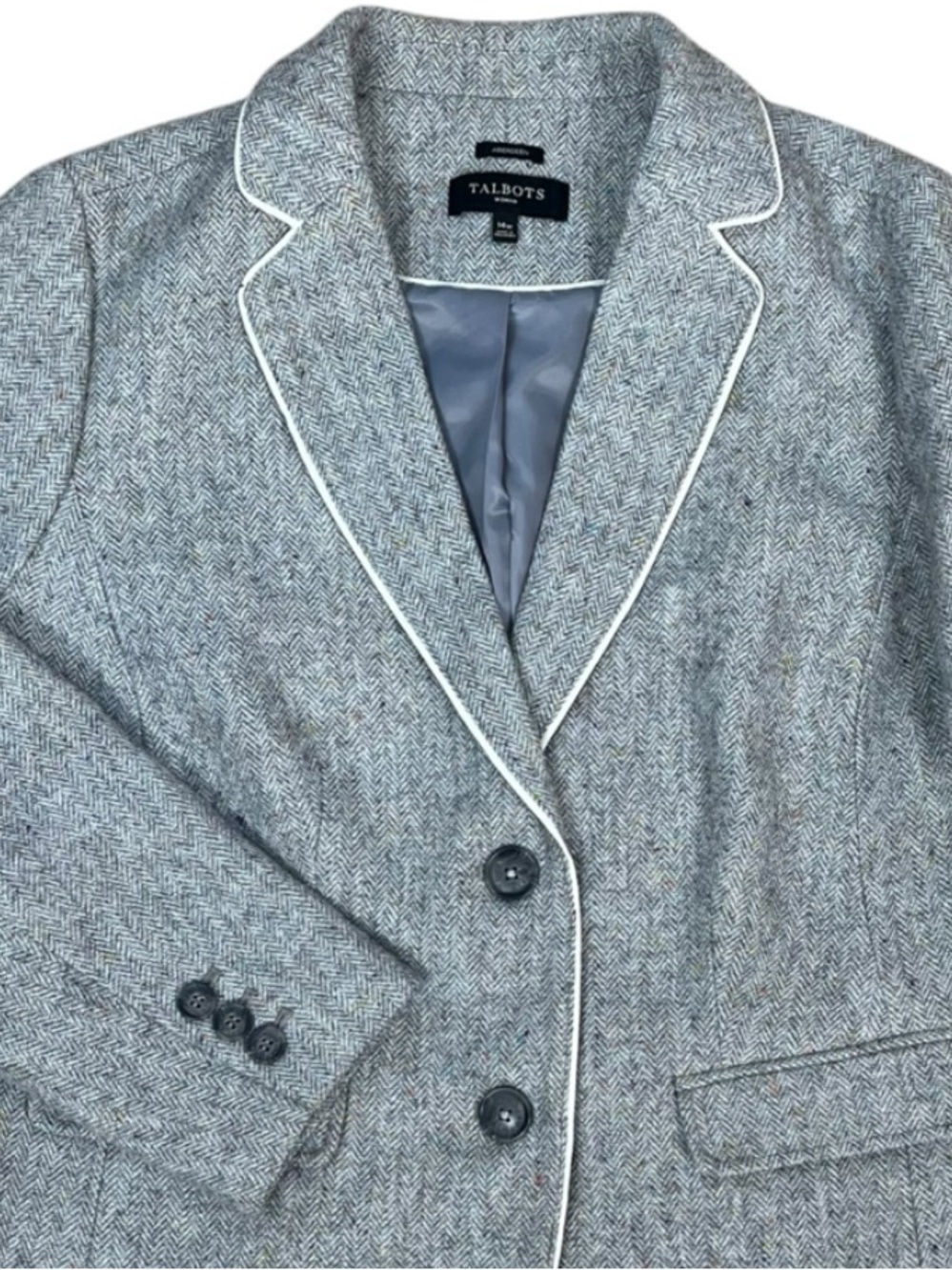 Talbots Woman Aberdeen Herringbone Tweed Blazer 14W Grey Wool Preppy Classic - Picture 3 of 11